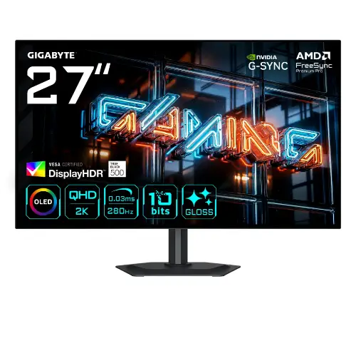 Picture of 68,6cm/27" (2560x1440) GIGABYTE MO27Q28GR WQHD WOLED 0,03ms 280Hz HDMI DisplayPort USB-C USB HDR VESA Speaker Pivot