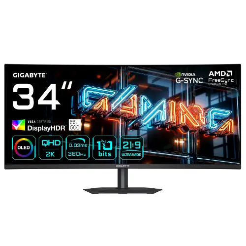 Picture of 86,4cm/34" (3440x1440) GIGABYTE MO34WQC36 Curve WQHD QD-OLED 0,03ms 360Hz HDMI DisplayPort USB-C USB HDR VESA Speaker