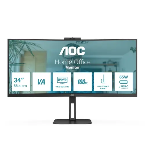 Picture of 86cm/34" (3440x1440) AOC CU34V5CW 21:9 VA 1ms 100Hz HDMI DisplayPort USB-C KVM VESA Speaker Webcam Silver/Black