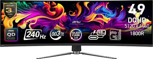 Picture of 124,5 cm (49") 5120 x 1440 Pixel MSI 9S6-3FA84T-016 32:9 Dual QHD QD-OLED 0,03 ms 240 Hz HDR DisplayPort HDMI USB-Hub Height VESA