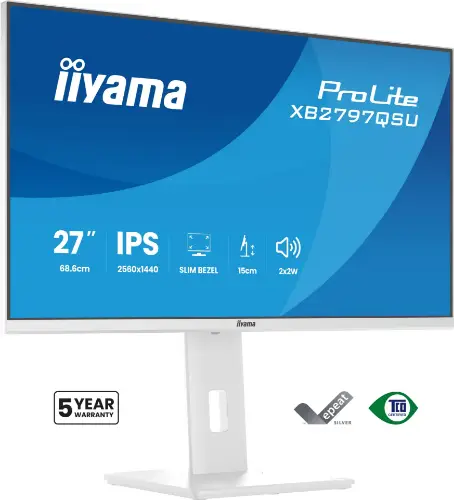 Picture of 68,5cm/27" (2560x1440) iiyama ProLite XB2797QSU-W1 16:9 WQHD IPS 1ms 75Hz HDMI DisplayPort USB VESA Speaker White